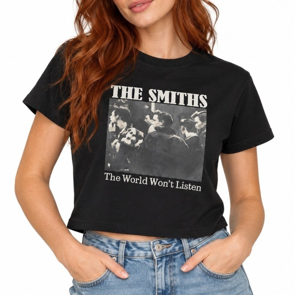NWOT The Smiths Crop Top Women Size M Black The World Won't Listen Graphic Tee
